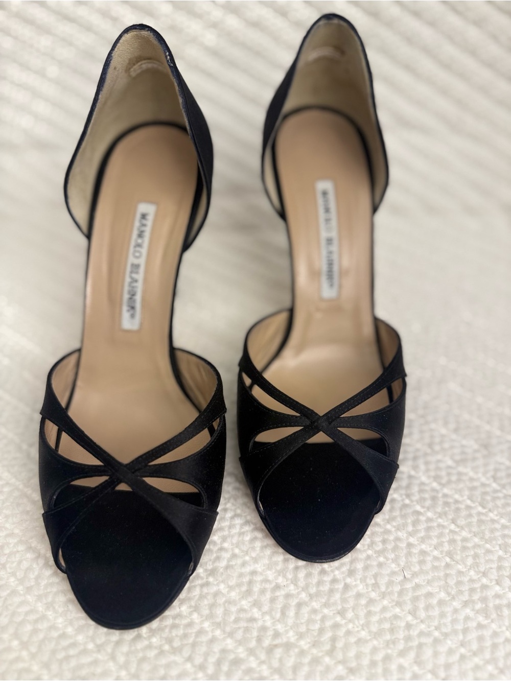 Manolo Blahnik Black Satin Crisscross Open-Toe Heels Euro 38